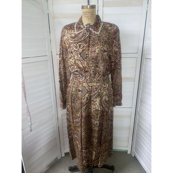 Vintage 80s/90s Ladies’ NAPA VALLEY Blouse & Skirt Set Dress Tan Paisley Sz 14 - Picture 1 of 10